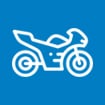 A motorcycle icon depicting accident claims on a blue background.