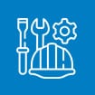 A line icon of a helmet and tools representing the construction industry on a blue background.