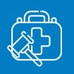 A symbol illustrating medical negligence claims with a gavel and a medical bag against a blue background.