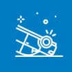 An icon of a spacecraft on a blue background representing the future and exploration.